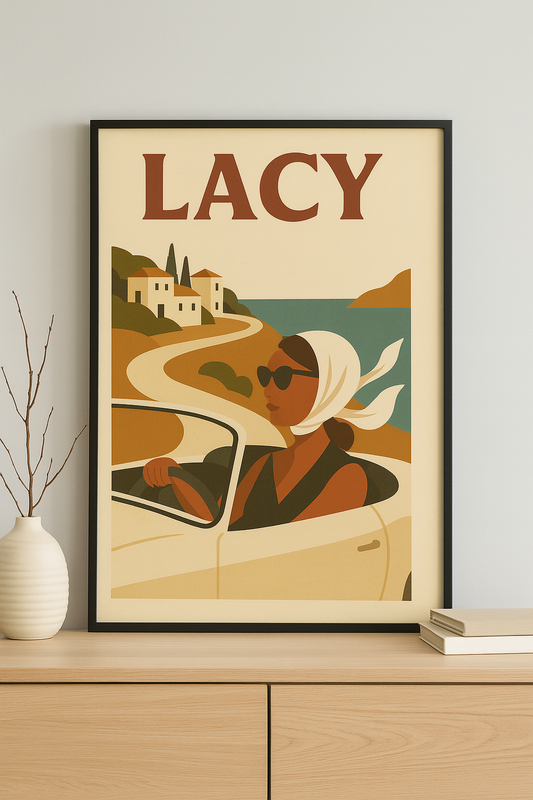 🧣 “LACY: Coastal Dream Drive” – Vintage Art Print
